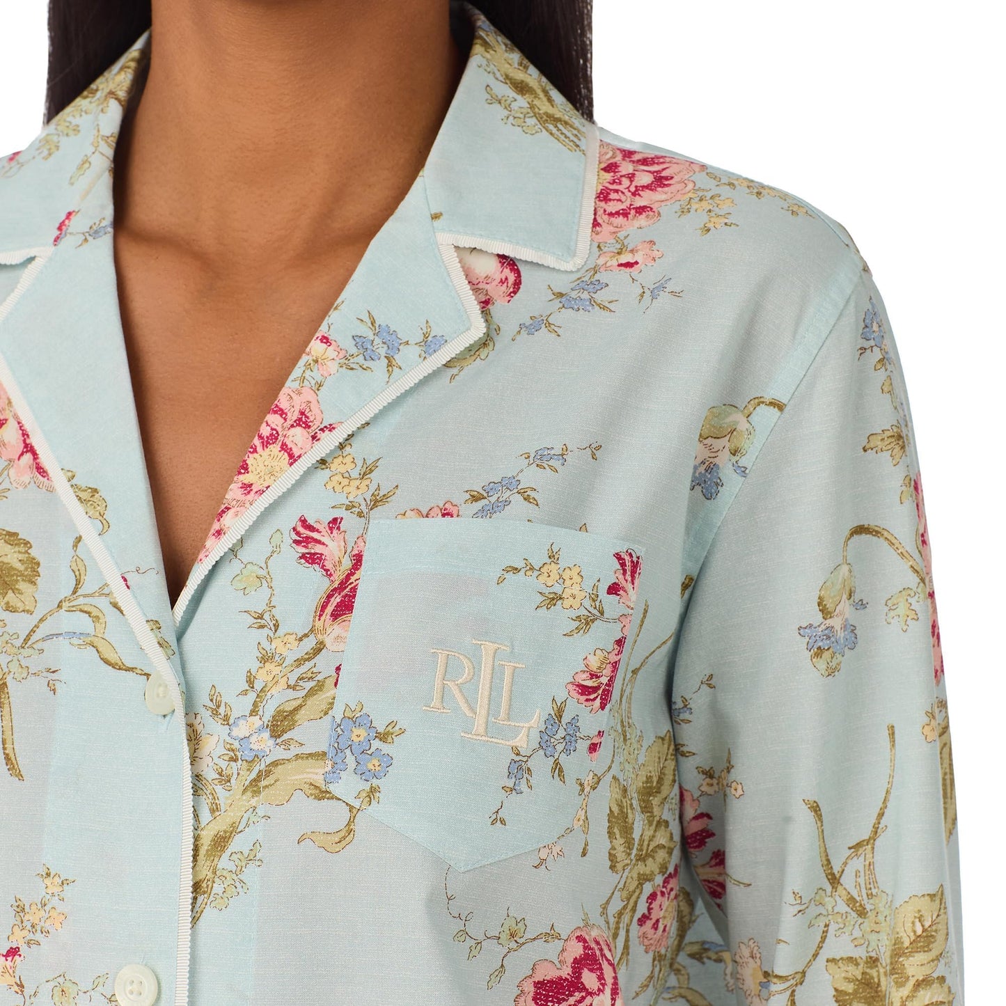 Lauren Ralph Lauren Womens Long Sleeve Woven Notch Collar Pajama Set Mint Floral M