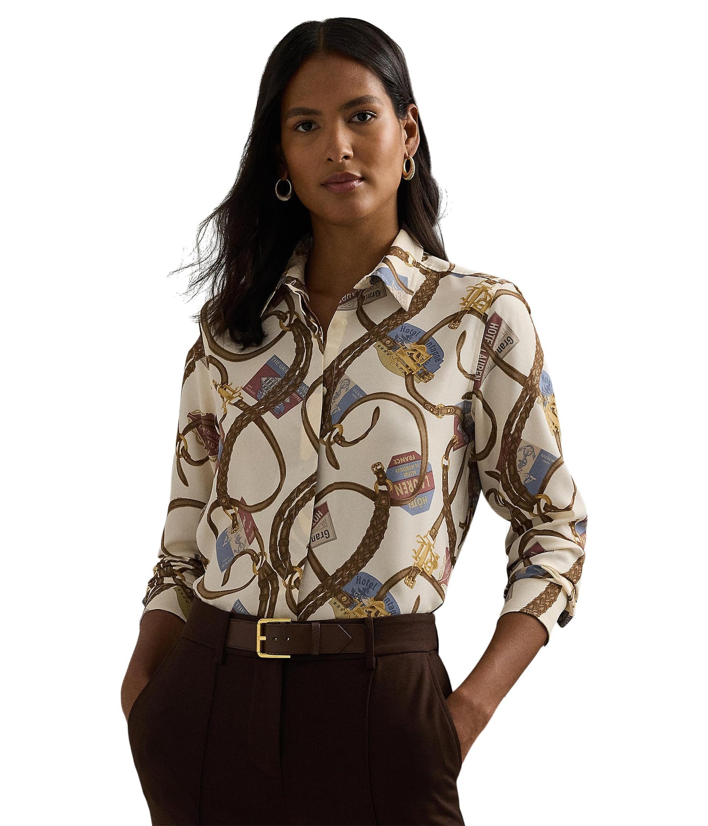 Lauren Ralph Lauren Womens Classic Fit Belting-Print Crepe Shirt, Cream Multi, Small
