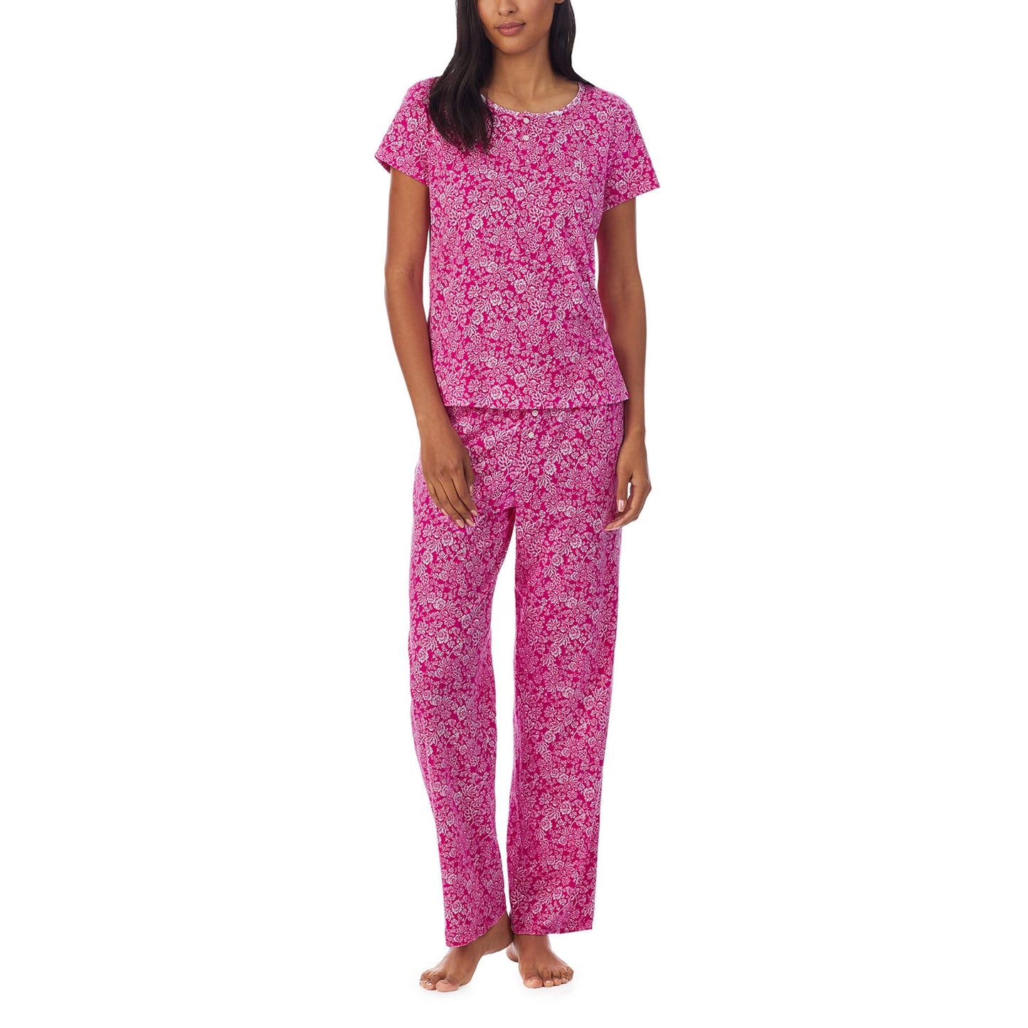 Lauren Ralph Lauren Short Sleeve Button Neck Long Pants PJ Set Pink Floral LG (US 12-14)