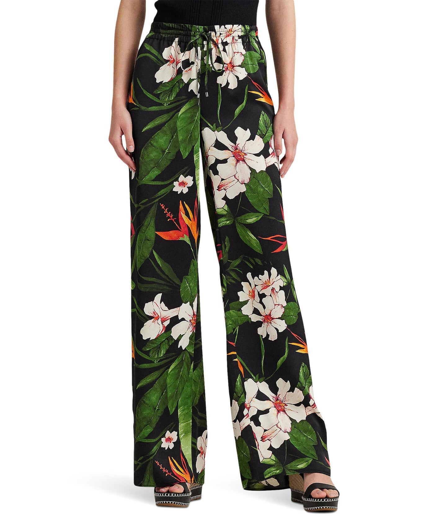 Lauren Ralph Lauren Petite Floral Satin Charmeuse Wide-Leg Pants Black/Green/Multi PM 30