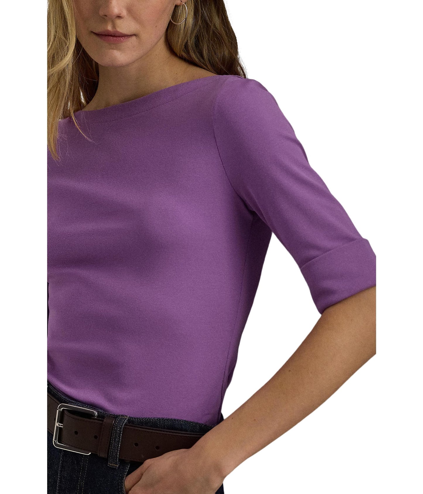 Lauren Ralph Lauren Womens Stretch Cotton Boatneck Tee Aurora Violet M