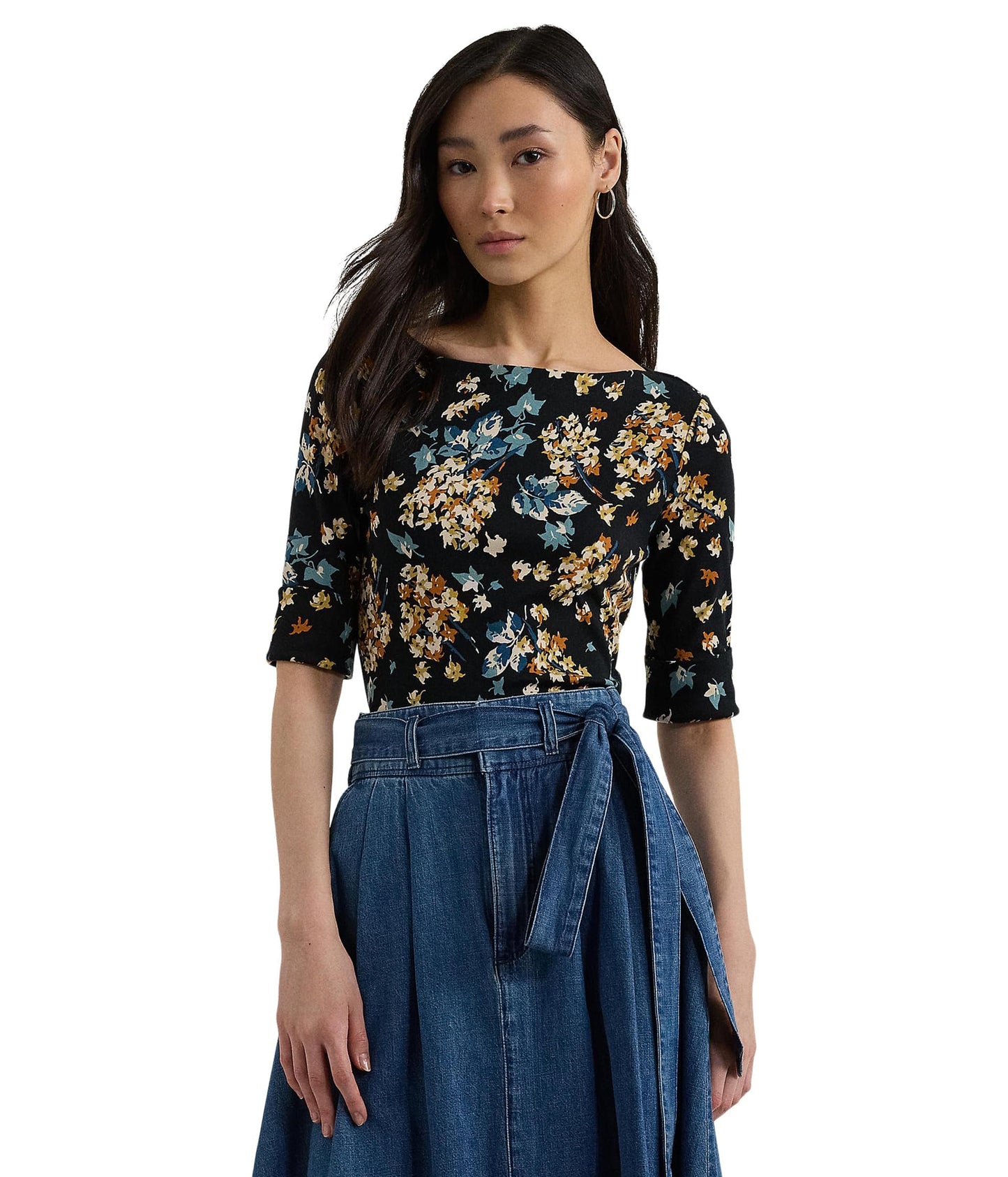 Lauren Ralph Lauren Women's Petite Floral Stretch Cotton Boatneck Tee Black Multi PXS