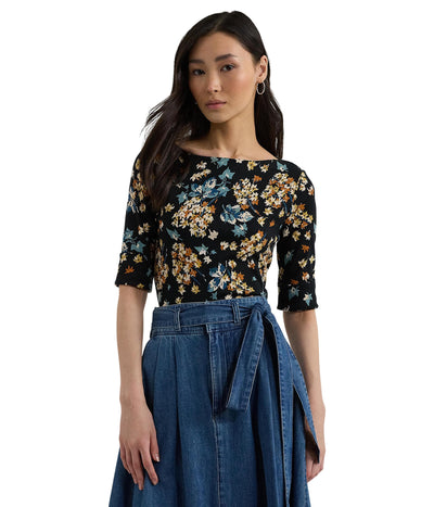 Lauren Ralph Lauren Women's Petite Floral Stretch Cotton Boatneck Tee Black Multi PXS