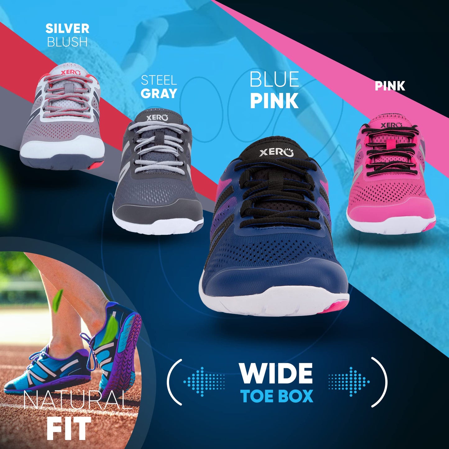 Xero Shoes Women's HFS Original Barefoot Running Shoes, Sodalite Blue/Pink Glow, 7.5