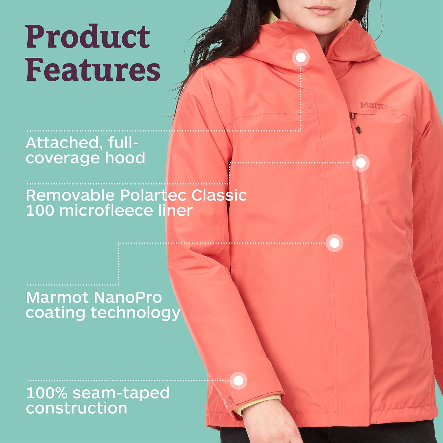 MARMOT Women's Ramble Component Jacket - 3-in-1 Waterproof Shell with Hood and Breathable Polartec Fleece Liner, Grapefruit, Small