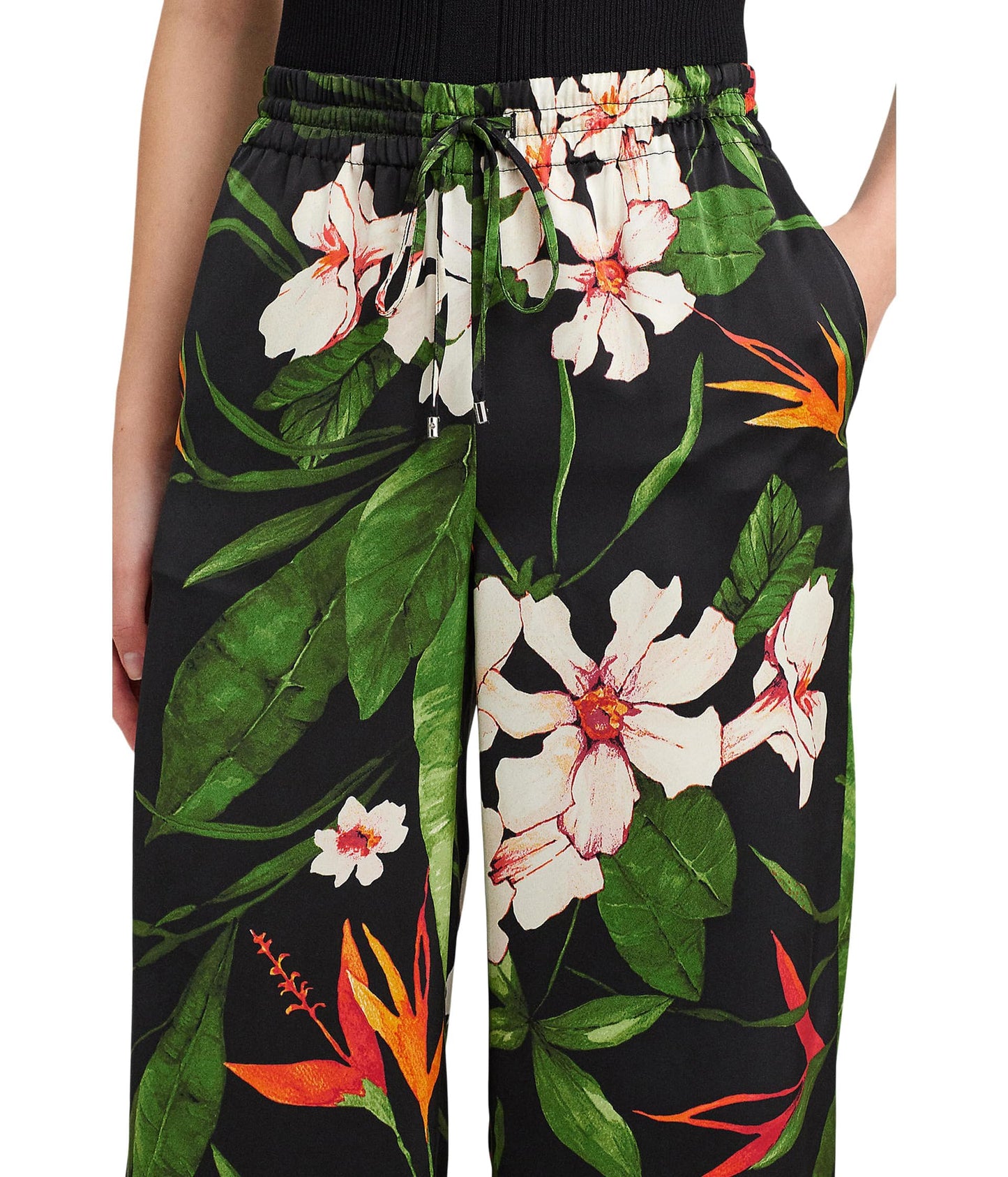 Lauren Ralph Lauren Petite Floral Satin Charmeuse Wide-Leg Pants Black/Green/Multi PM 30