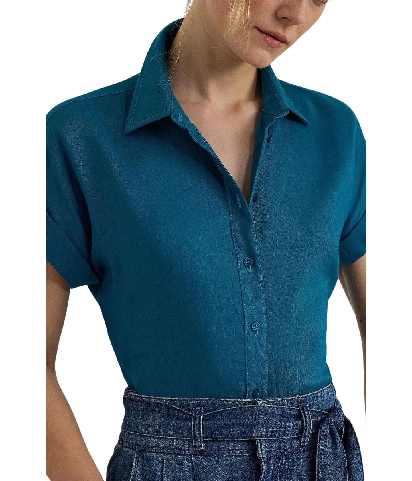 Lauren Ralph Lauren Womens Relaxed Fit Linen Short-Sleeve Shirt Turquoise Sky Small