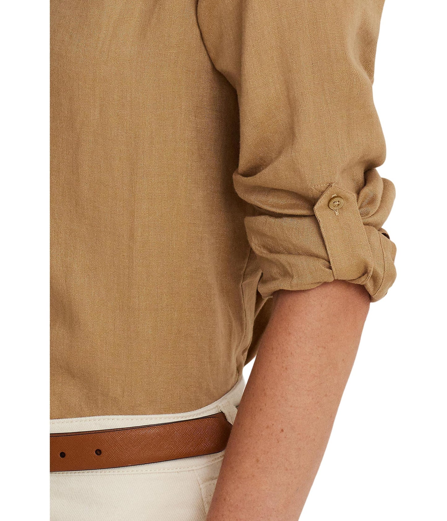 LAUREN Ralph Lauren Womens Petite Linen Shirt Spring Khaki PS