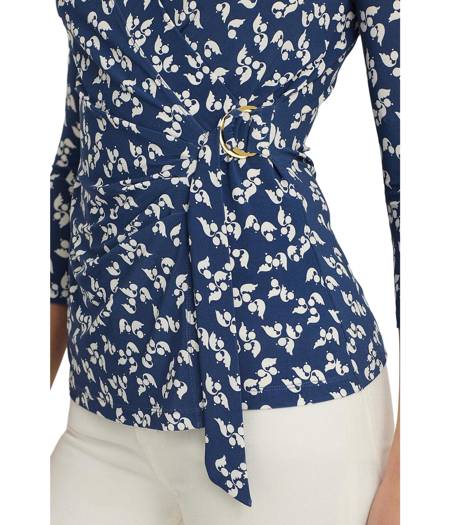Lauren Ralph Lauren Women's Floral Stretch Jersey Top Blue/Cream Large