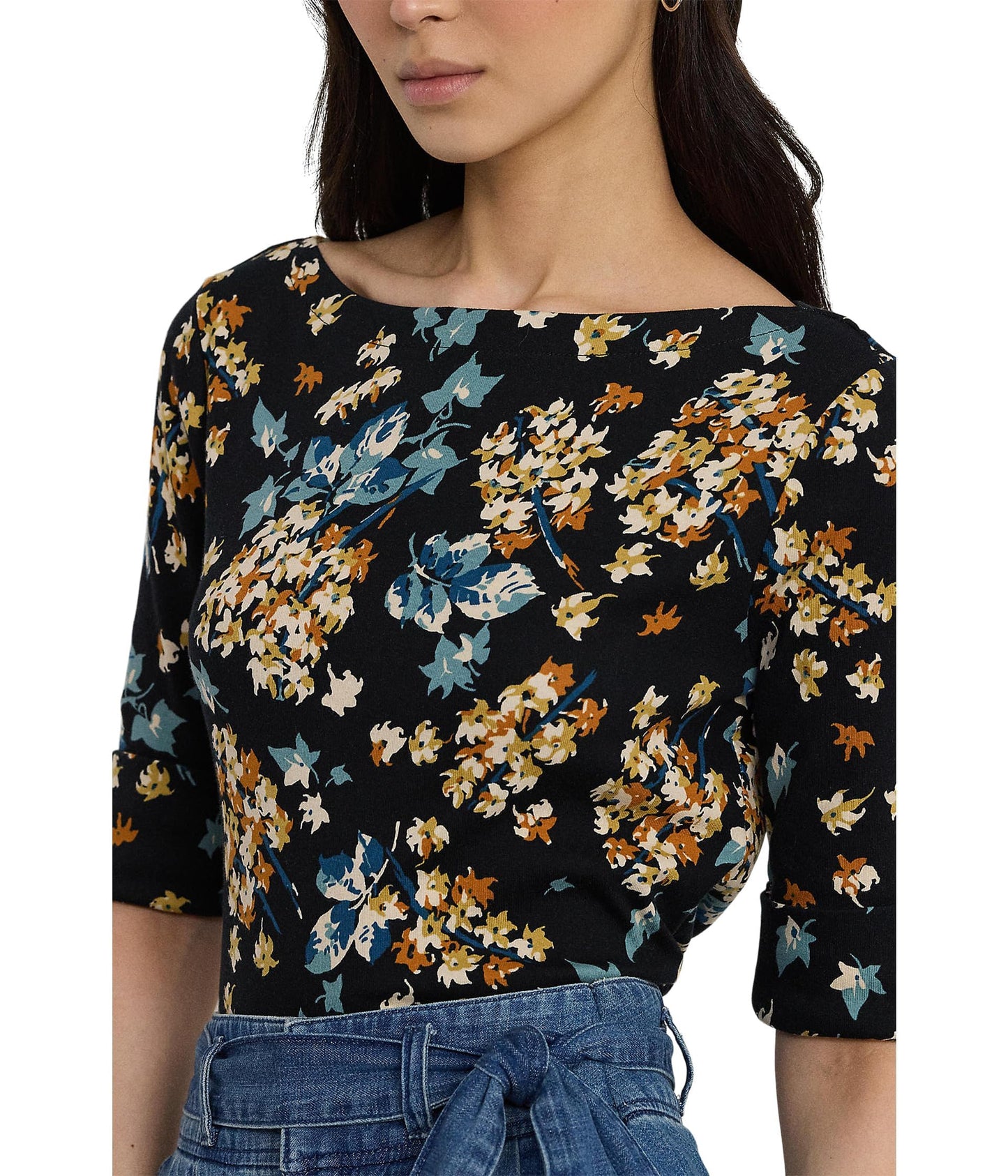 Lauren Ralph Lauren Women's Petite Floral Stretch Cotton Boatneck Tee Black Multi PXS