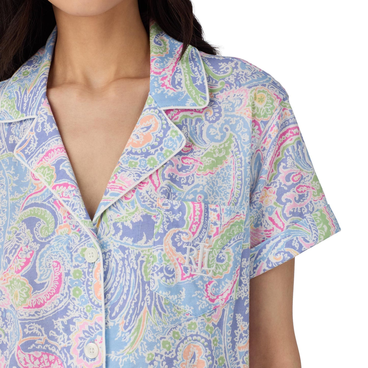 Lauren Ralph Lauren Womens Short Sleeve Notch Collar Cropped Pants PJ Set Blue Paisley LG (US 12-14) One Size