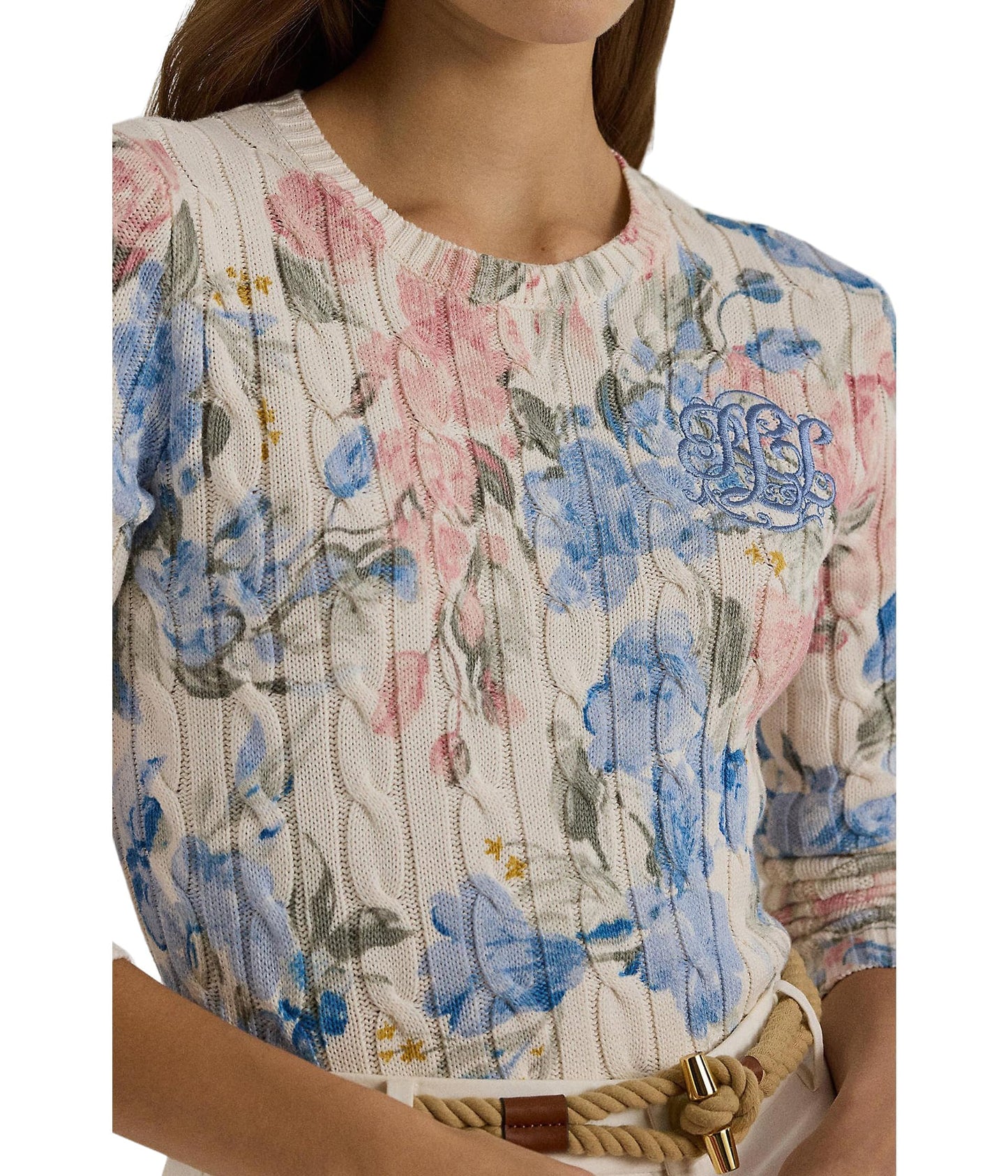 Lauren Ralph Lauren Women's Petite Floral Cable-Knit Cotton Sweater Cream Multi Medium