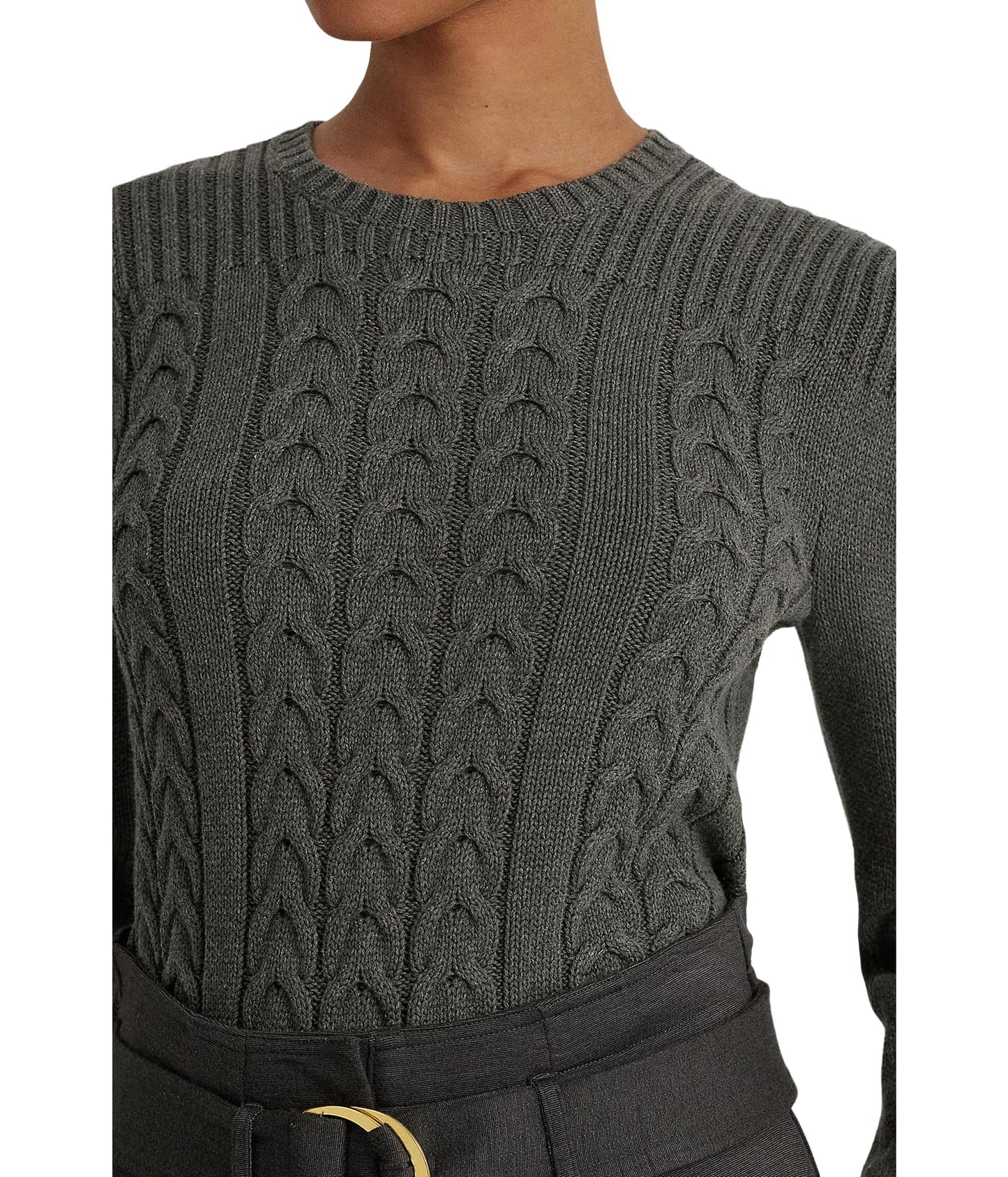 Lauren Ralph Lauren Womens Cable-Knit Puff-Sleeve Sweater Modern Grey Heather Medium