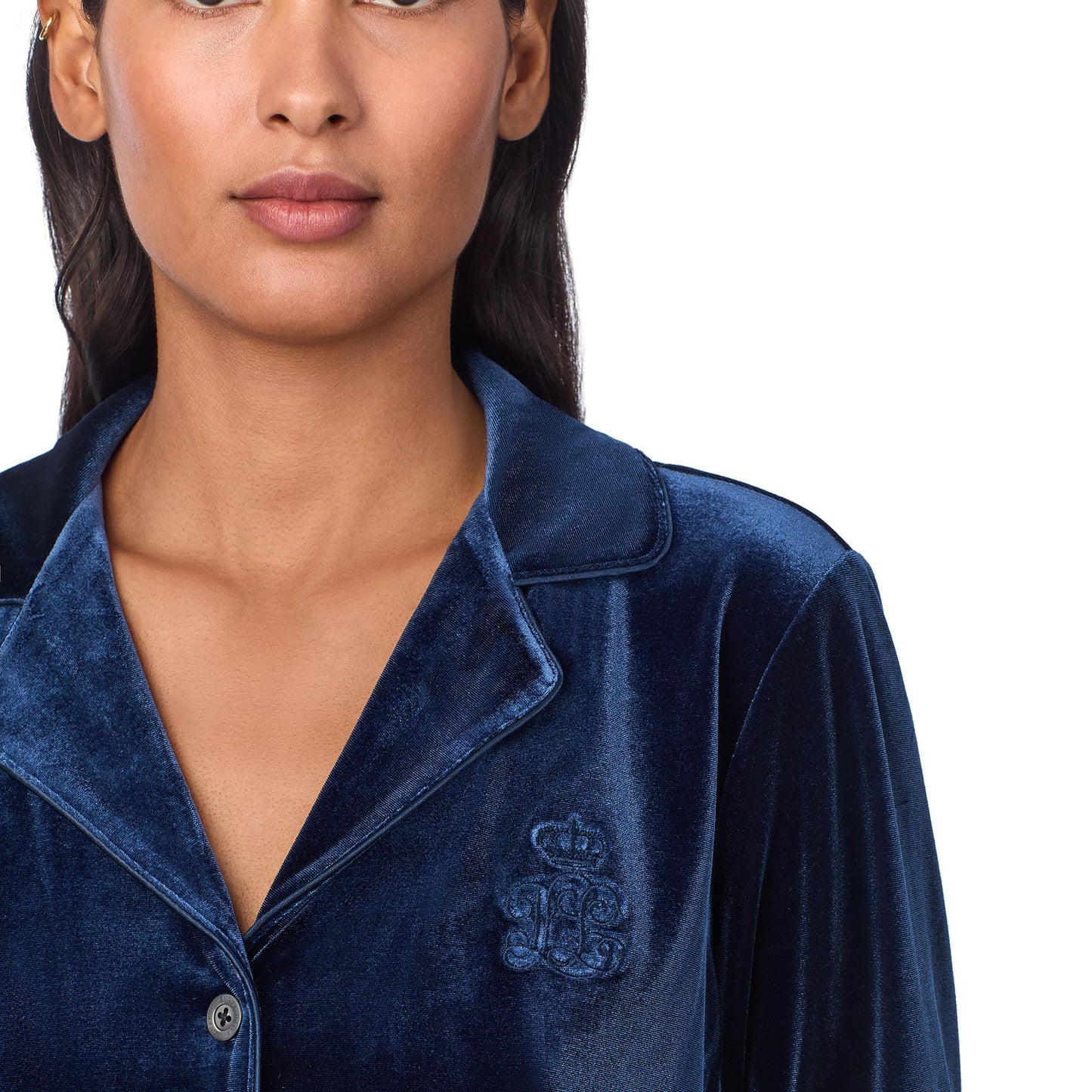 Lauren Ralph Lauren Womens Long Sleeve Velvet Notch Collar Long Pajama Set Navy Medium