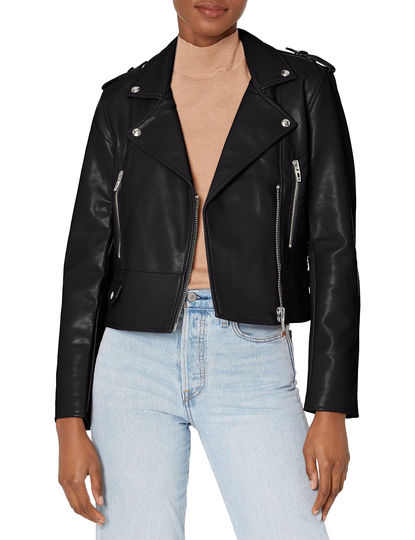 [BLANKNYC] Womens Vegan Leather Moto Jacket Black, Small
