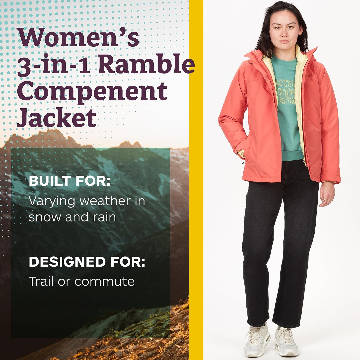 MARMOT Women's Ramble Component Jacket - 3-in-1 Waterproof Shell with Hood and Breathable Polartec Fleece Liner, Grapefruit, Small