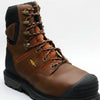 Brown work boot with black sole on a white background