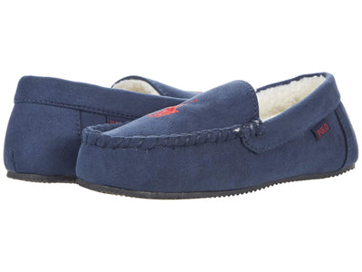 POLO RALPH LAUREN Boy's Dezi IV Moccasin Slipper (Big Kid) Navy Microsuede/Red Pony Player 6 Big Kid M