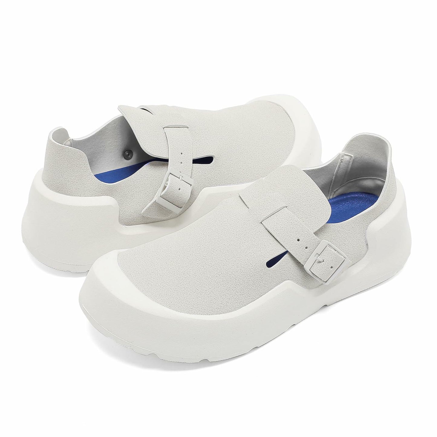 Wide Toe Box Shoes Women Clogs with Adjustable Buckle, Low-Top Platform Closed Toe Mules, Slip On Potato Loafers Shoes Sneakers Outdoor, Casual Chef Sandals Arch Support Grey