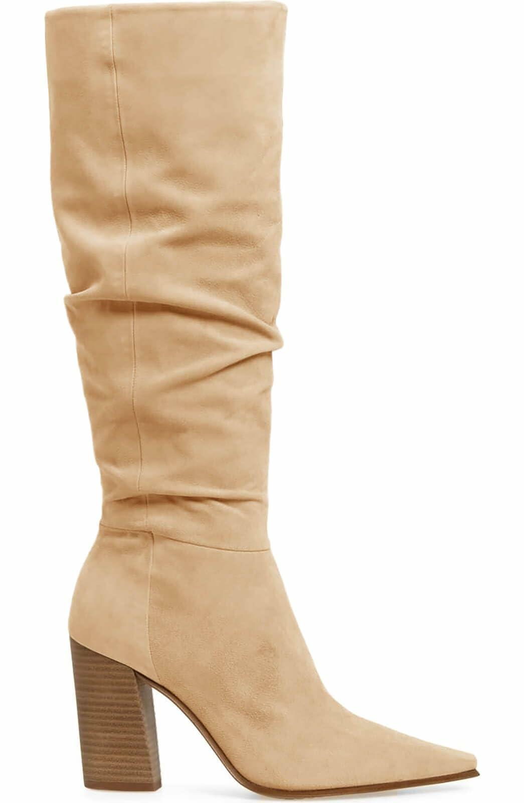 PiePieBuy Womens Faux Suede Knee High Boots Pointed Toe High Chunky Heel Side Zipper Party Dress Booties, Light Khaki, Size 9