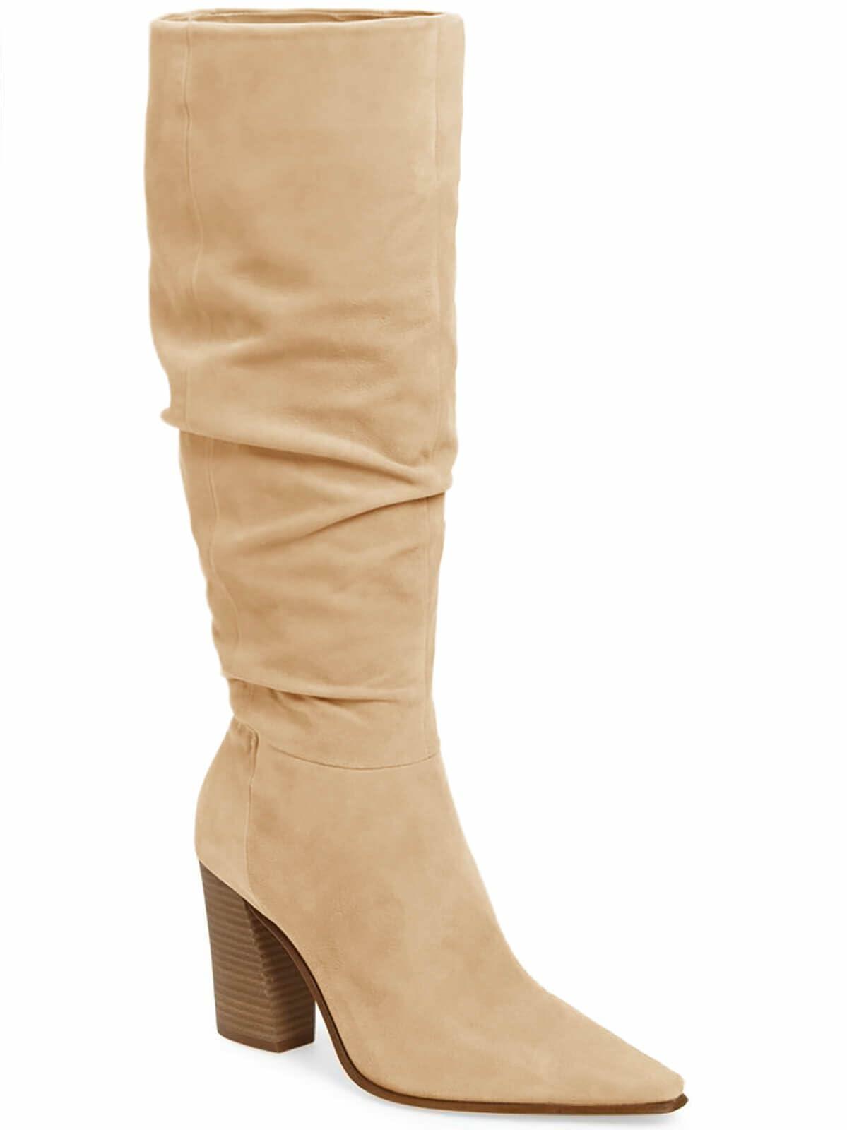 PiePieBuy Womens Faux Suede Knee High Boots Pointed Toe High Chunky Heel Side Zipper Party Dress Booties, Light Khaki, Size 9