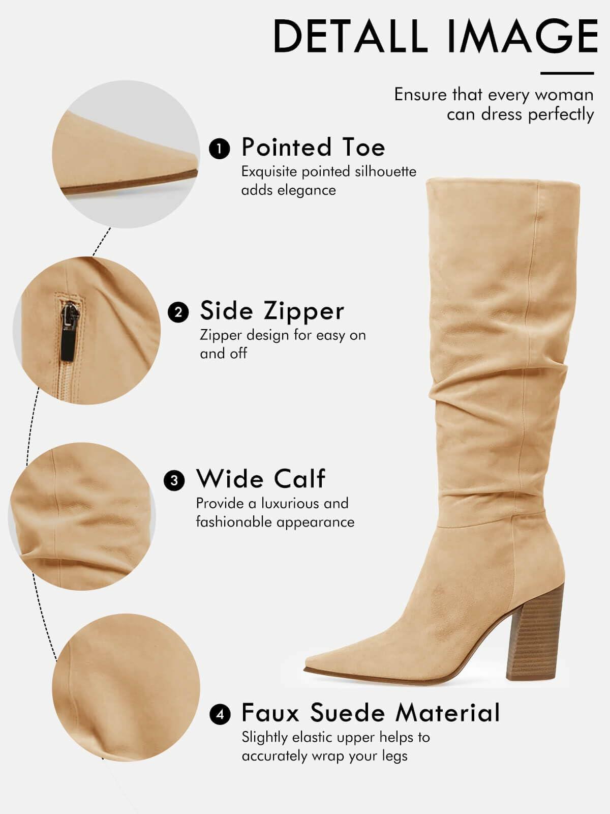 PiePieBuy Womens Faux Suede Knee High Boots Pointed Toe High Chunky Heel Side Zipper Party Dress Booties, Light Khaki, Size 9