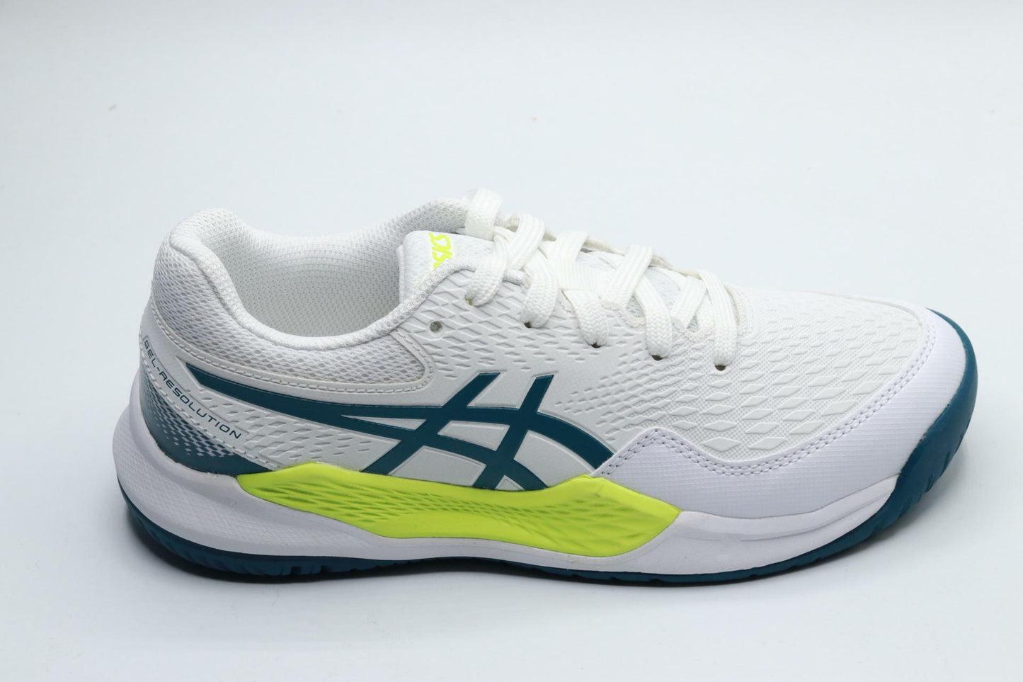 ASICS Kid's Gel-Resolution 9 Grade School Tennis Shoes, 4, White/RESTFUL Teal