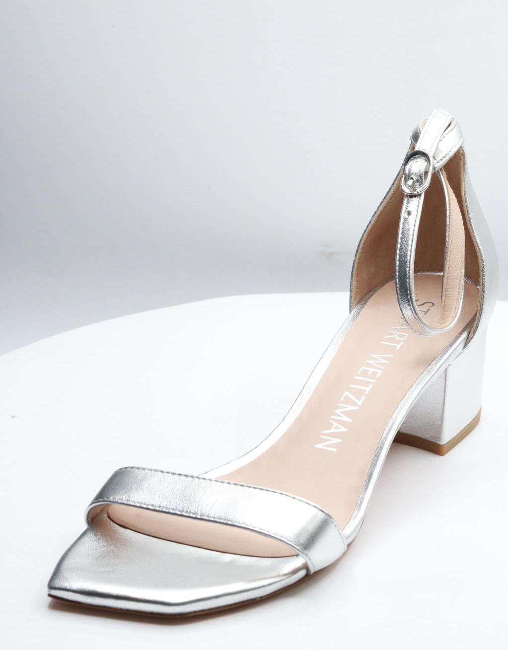 Stuart Weitzman Simple II Sandal in Silver, Size 8