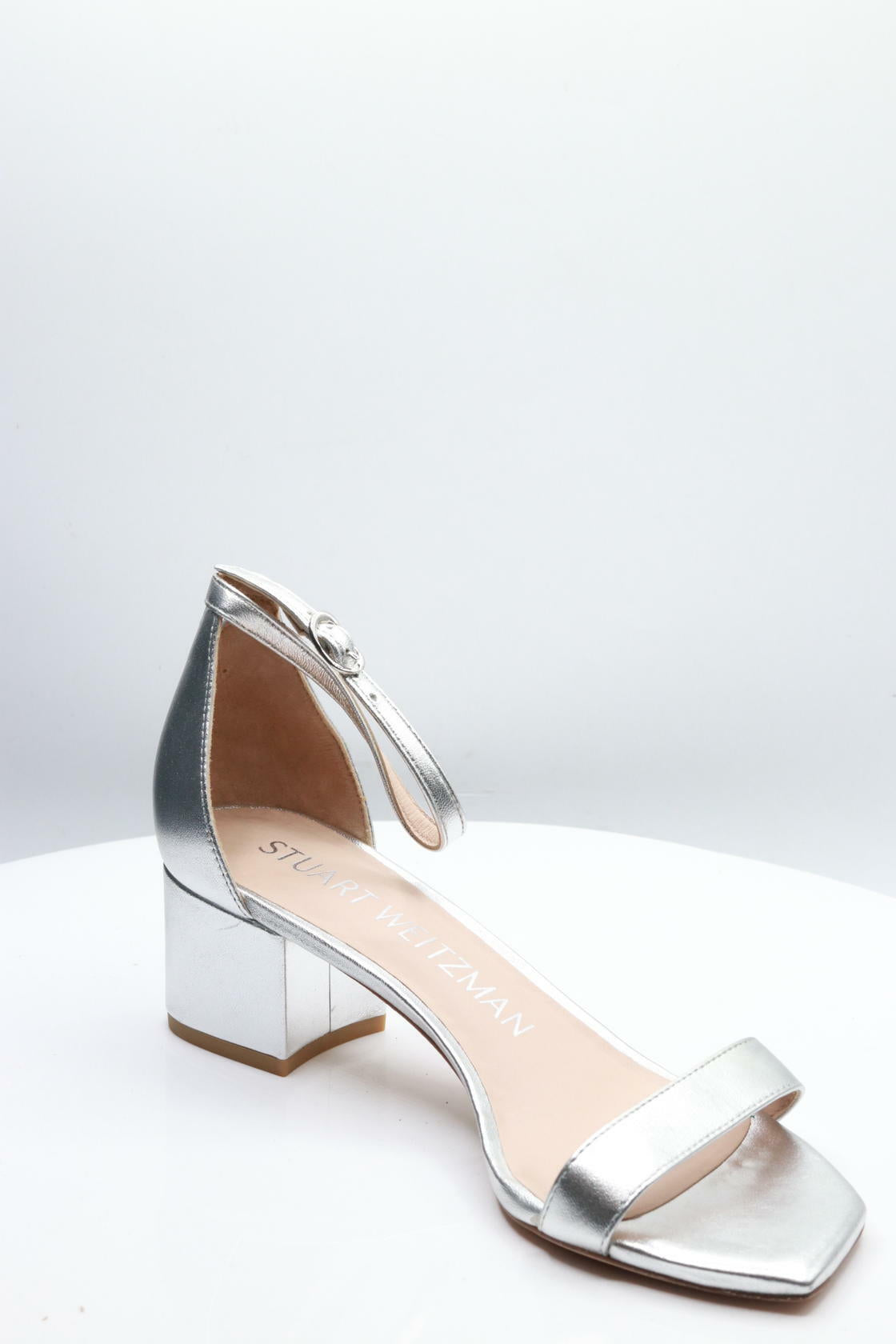 Stuart Weitzman Simple II Sandal in Silver, Size 8