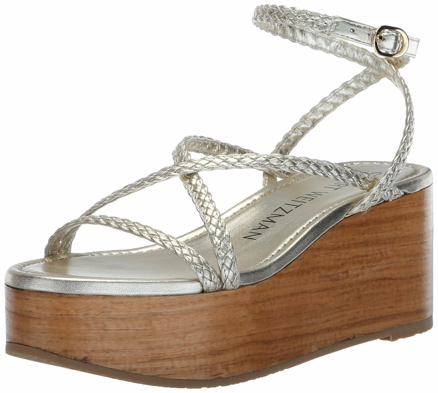 Stuart Weitzman Women's Wovette Wedge Platform, Light Gold/Sand, 7