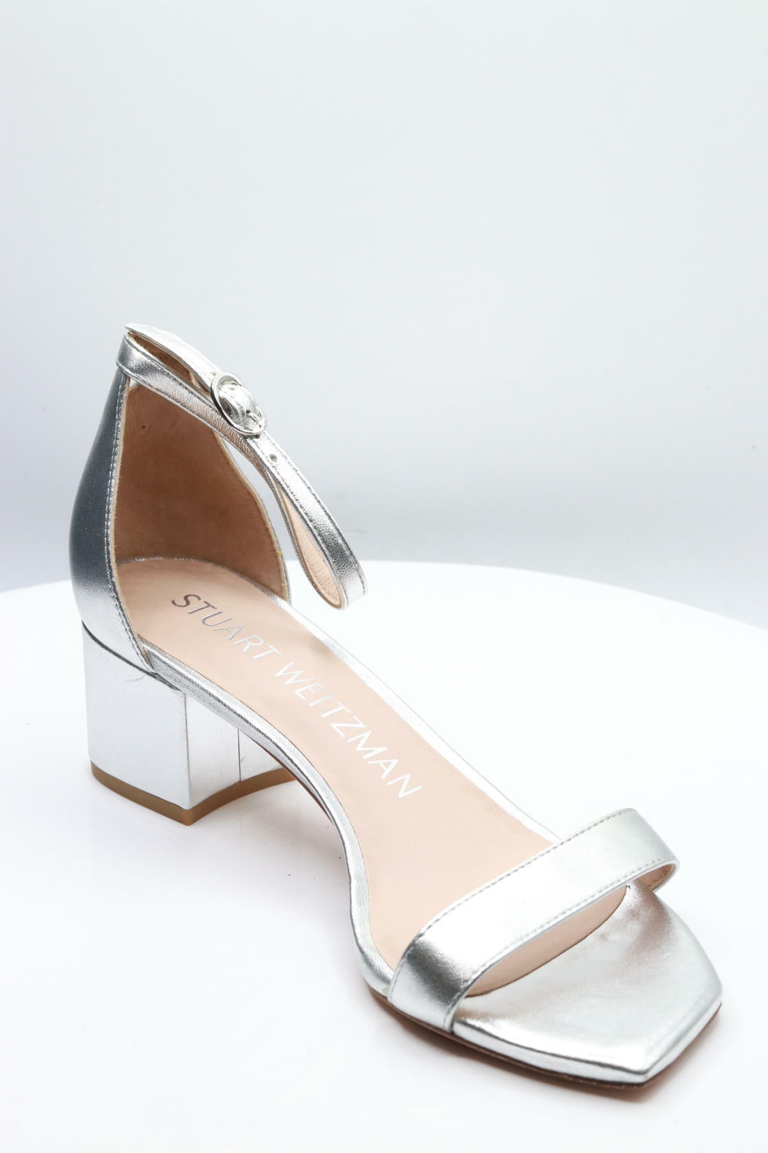 Stuart Weitzman Simple II Sandal in Silver, Size 8