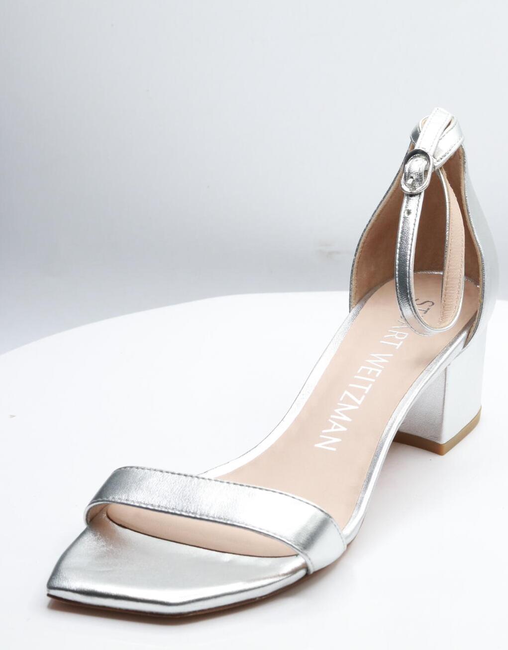 Stuart Weitzman Simple II Sandal in Silver, Size 8