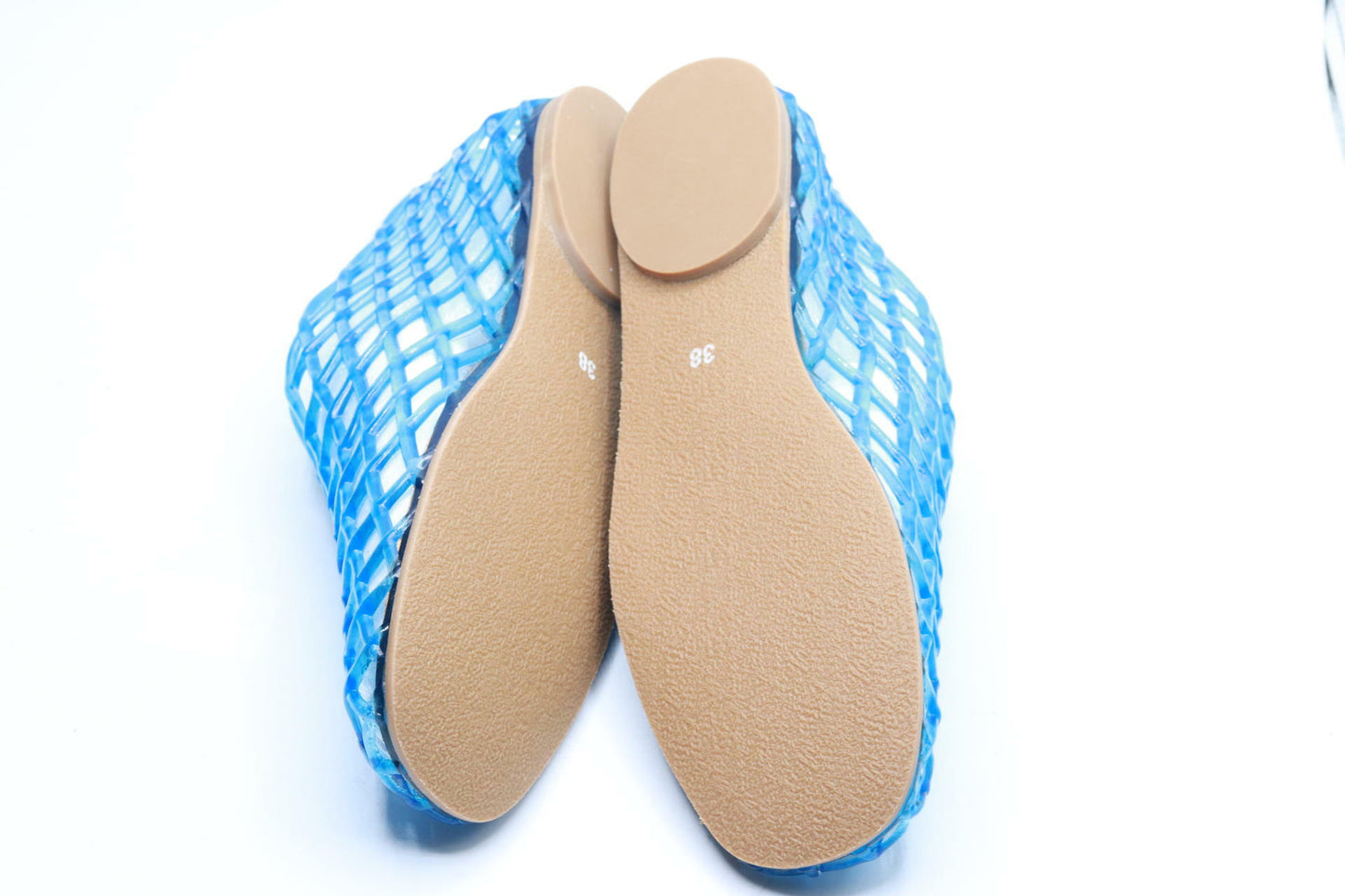 ATBELL Blue Jelly Sandals for Women Clear Woven Flats Beach Slip-on Ballerina Jellies Mesh Shoes in Size 7.5