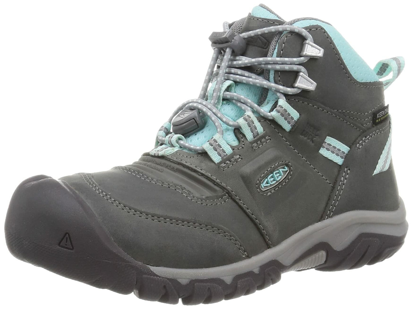 KEEN Big Kid's Ridge Flex Mid Height Waterproof Leather Hiking Boot, Grey/Blue Tint, 4 BK (Big Kid's) US