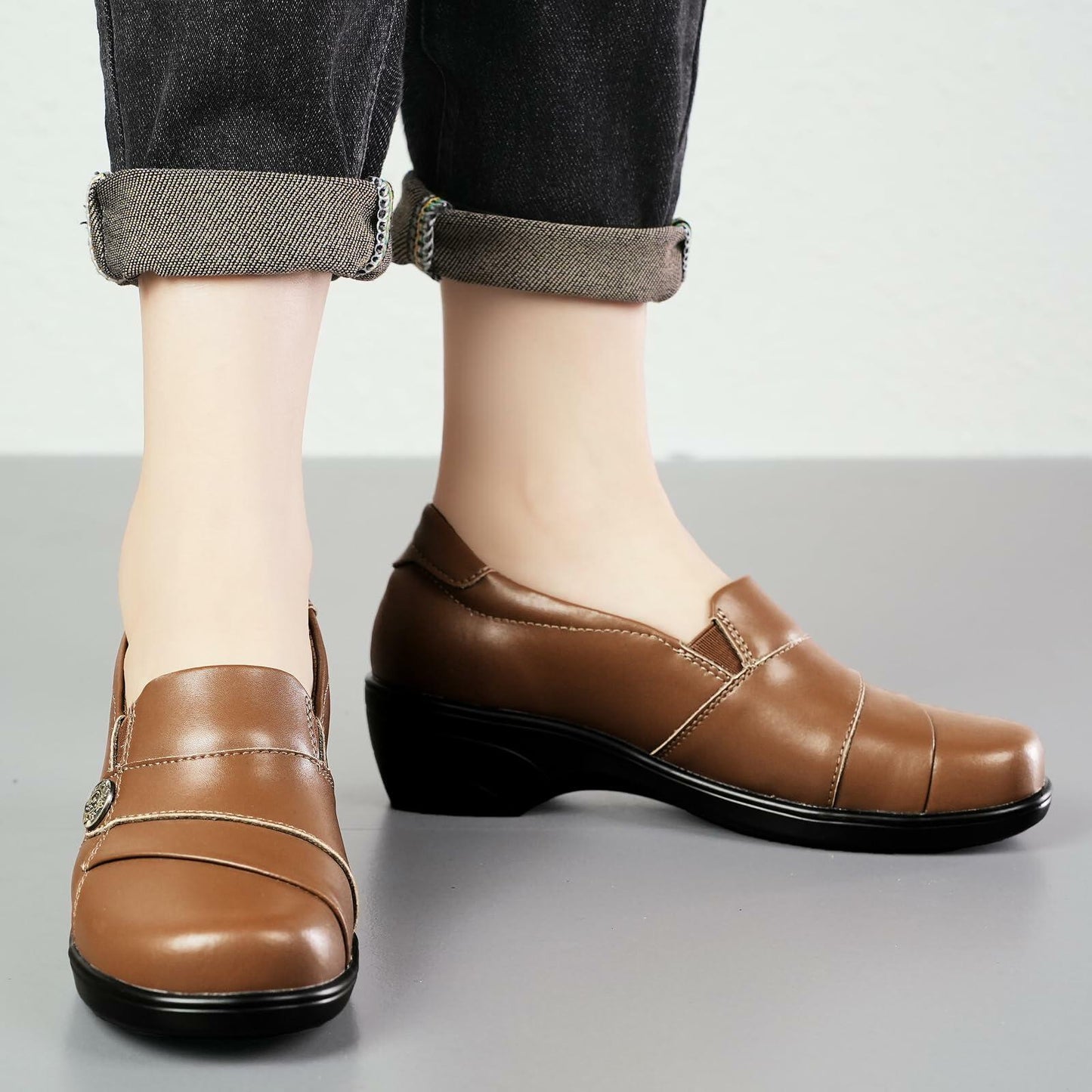 Brown Slip-On Loafer for Women Dress Shoes Comfort Low Heels Slip Resistant Office Business Work Shoes Casual Leather Wedge Dressy Shoes, 7.5 M US