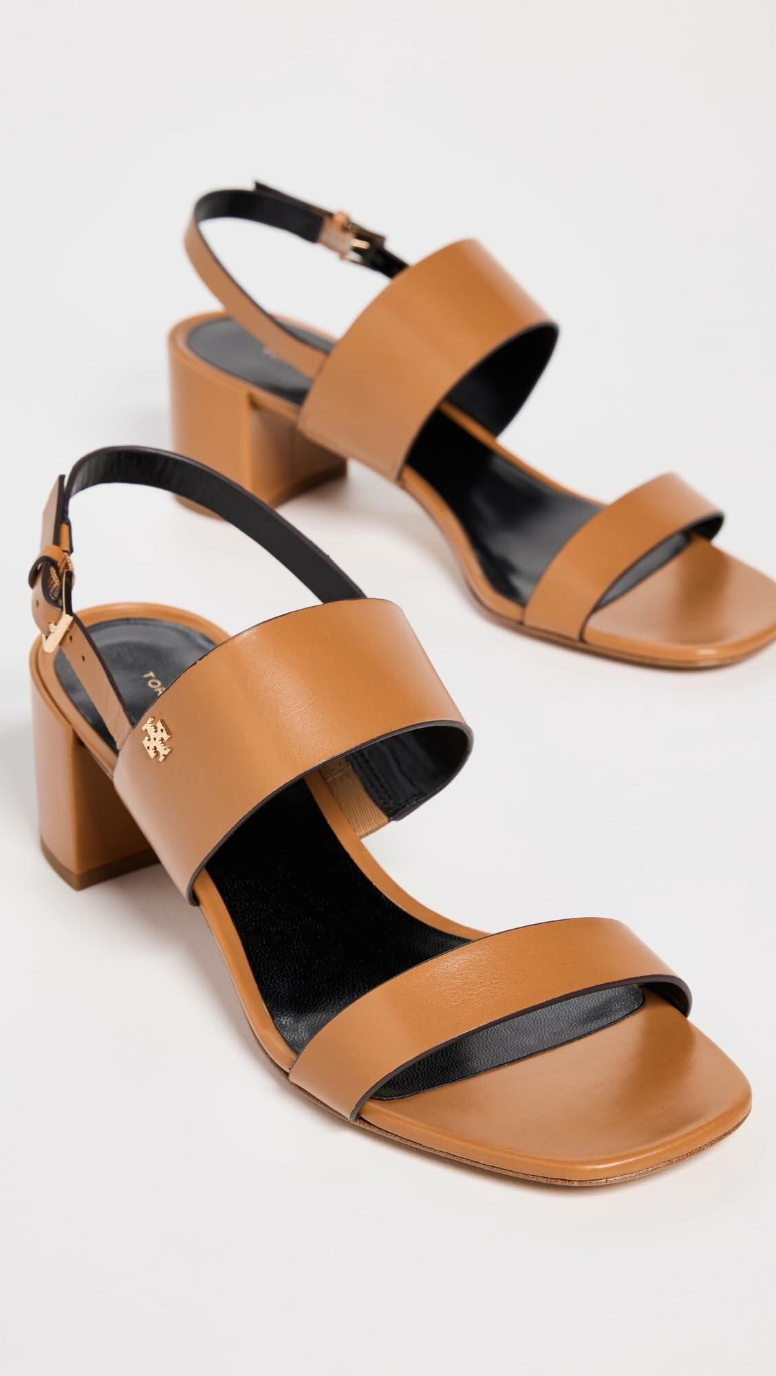 Tory Burch Women's 50mm Double T Heel Sandals, Caramel Corn/Perfect Black, 10 Medium US
