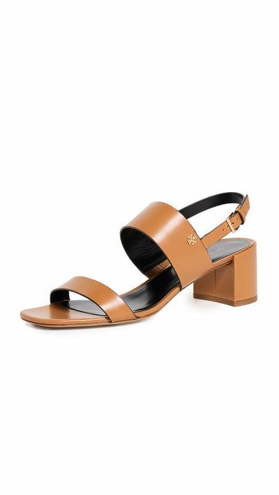 Tory Burch Women's 50mm Double T Heel Sandals, Caramel Corn/Perfect Black, 10 Medium US