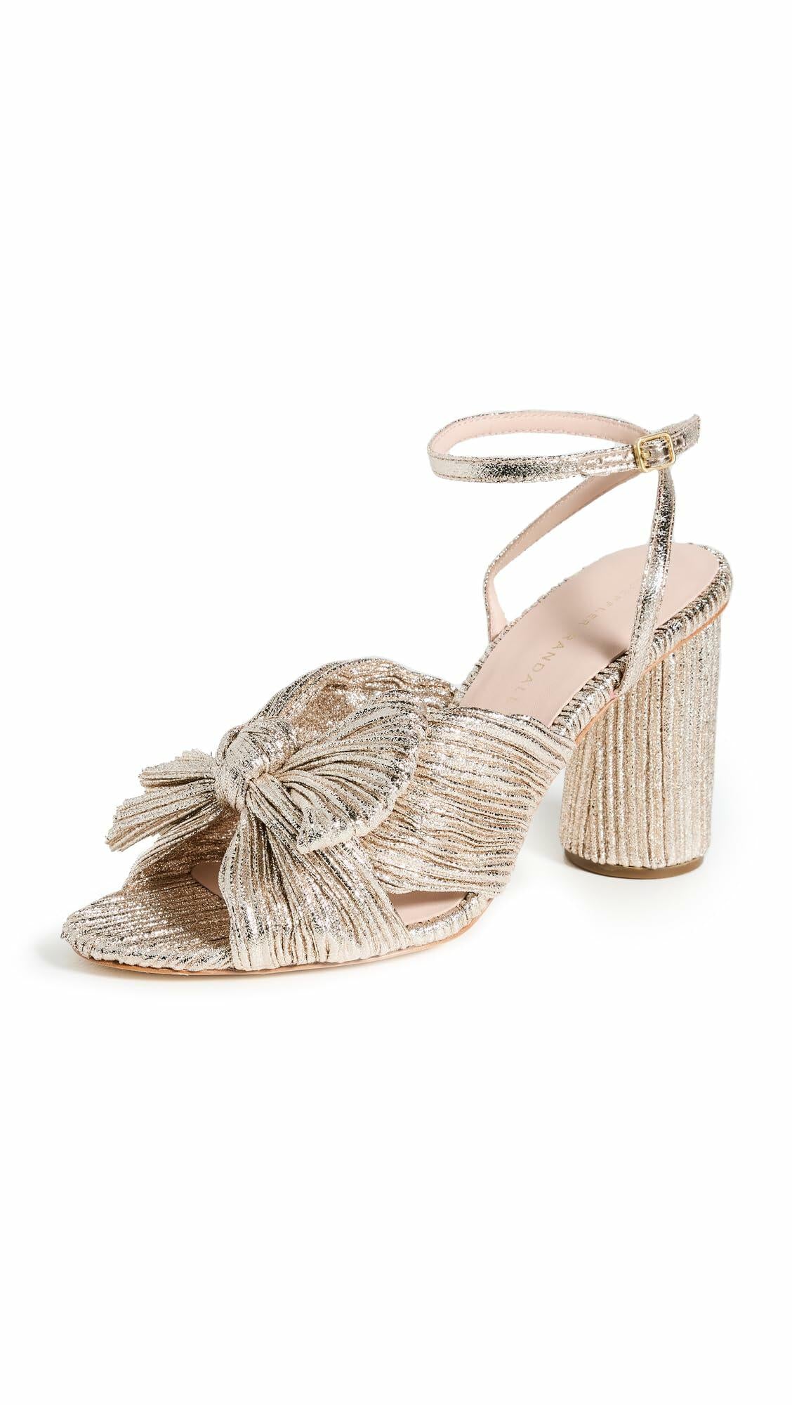 Loeffler Randall Women's Camellia Pleated Knot Heeled Sandals with Ankle Strap, Champagne, Gold, Metallic, 8.5 Medium US