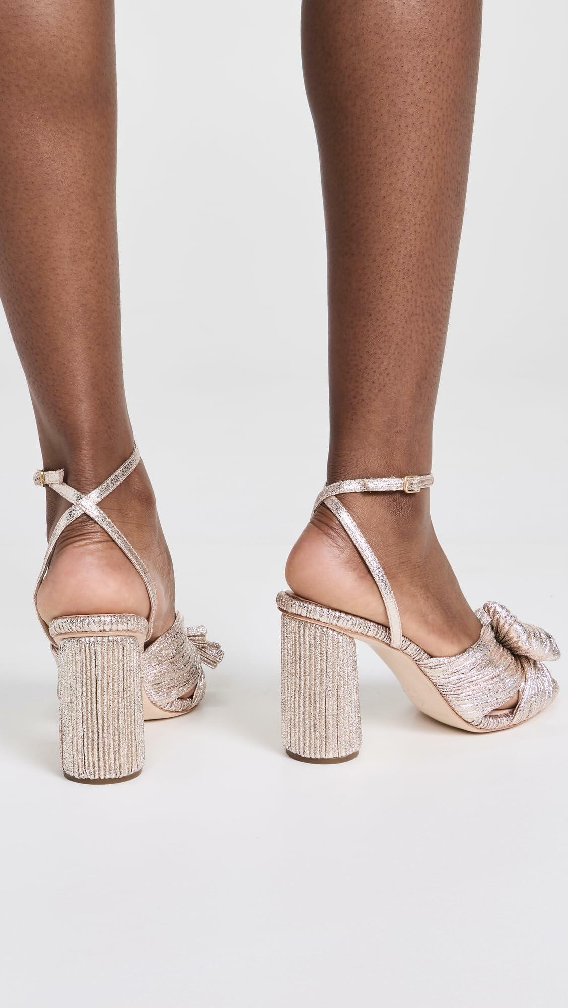 Loeffler Randall Women's Camellia Pleated Knot Heeled Sandals with Ankle Strap, Champagne, Gold, Metallic, 8.5 Medium US
