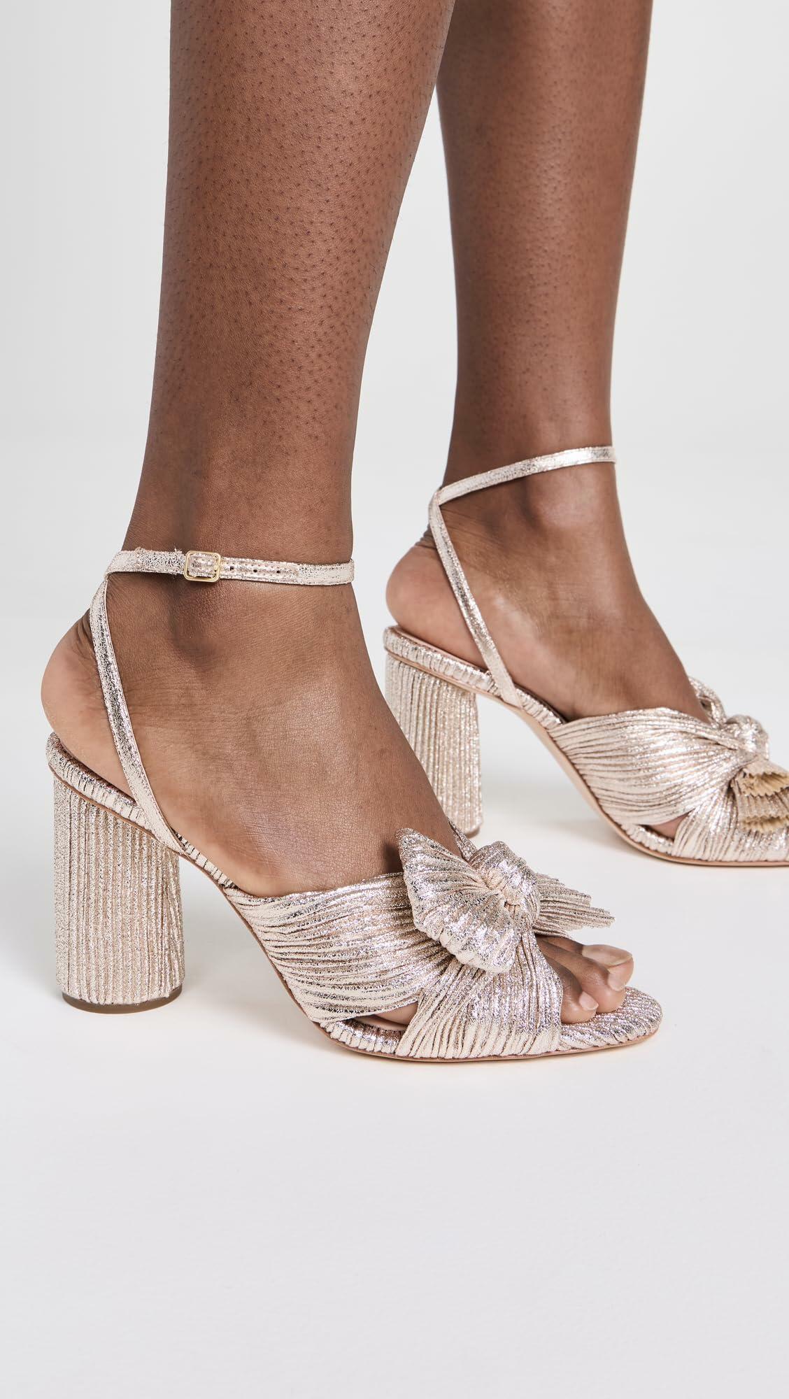 Loeffler Randall Women's Camellia Pleated Knot Heeled Sandals with Ankle Strap, Champagne, Gold, Metallic, 8.5 Medium US