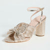 Loeffler Randall Women's Camellia Pleated Knot Heeled Sandals with Ankle Strap, Champagne, Gold, Metallic, 8.5 Medium US