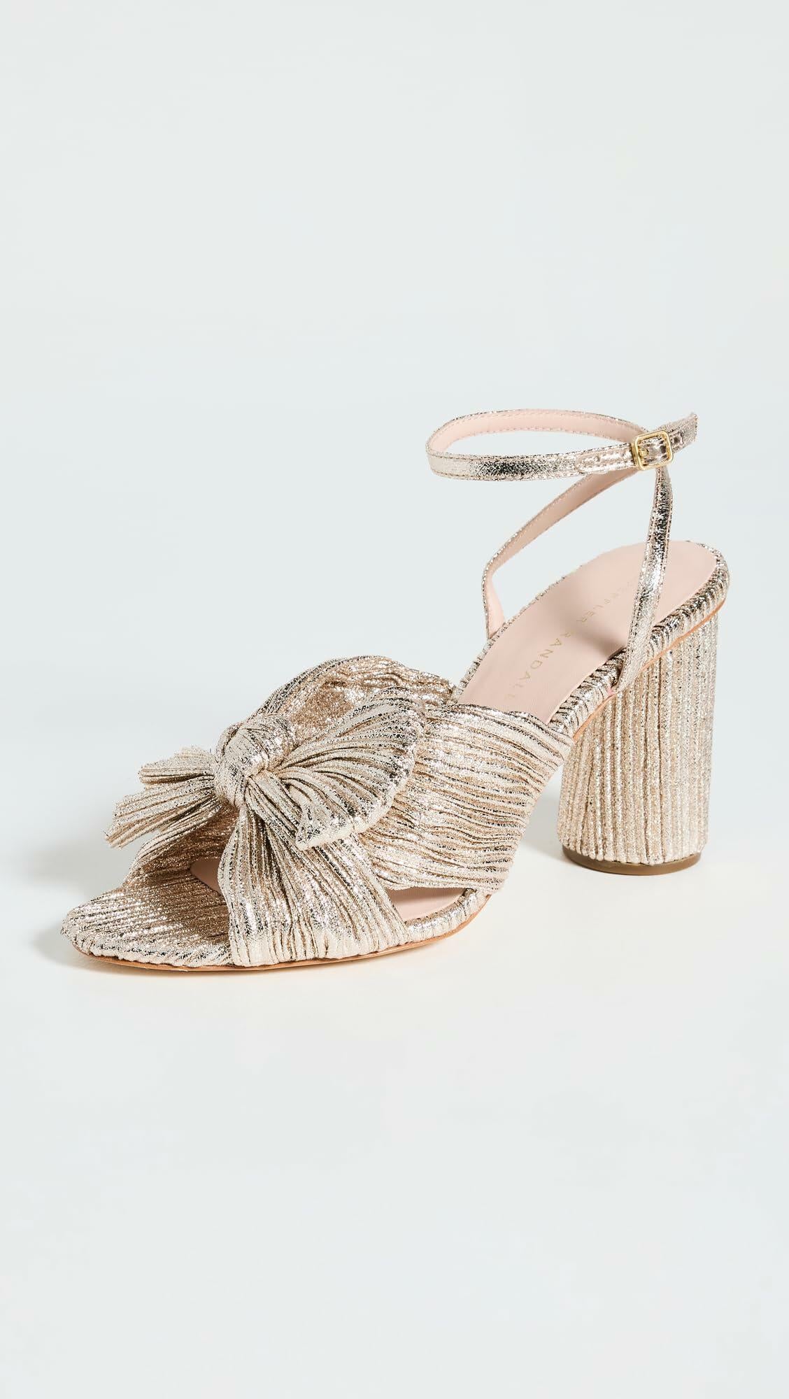 Loeffler Randall Women's Camellia Pleated Knot Heeled Sandals with Ankle Strap, Champagne, Gold, Metallic, 8.5 Medium US