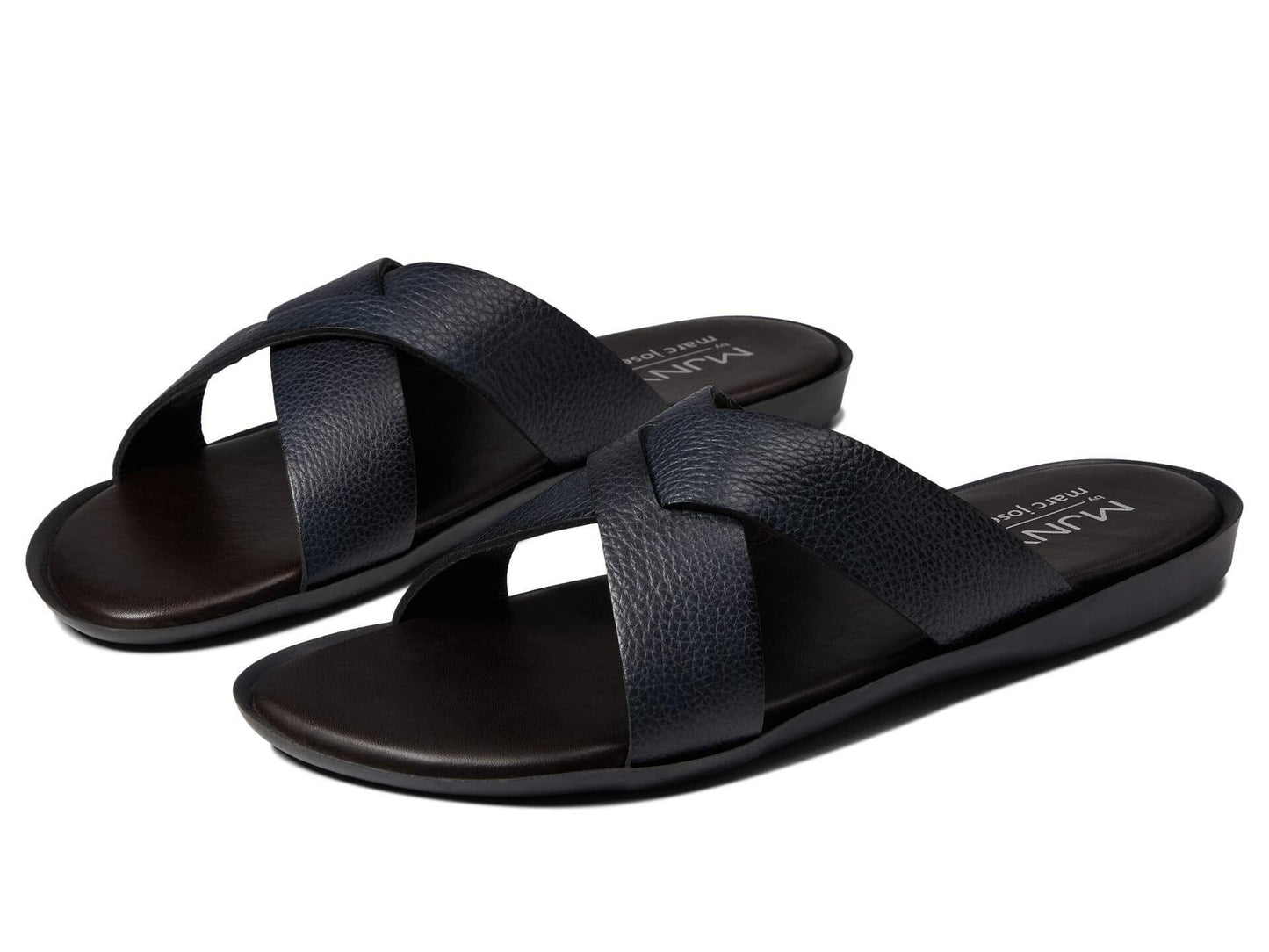 Marc Joseph New York Mens Casual Comfortable Lightweight Fashion Genuine Leather Slip on Criss Cross Slide Indoor and Outdoor Open Sandal Anti Slip Cushion Support Slipper Navy Grainy 10