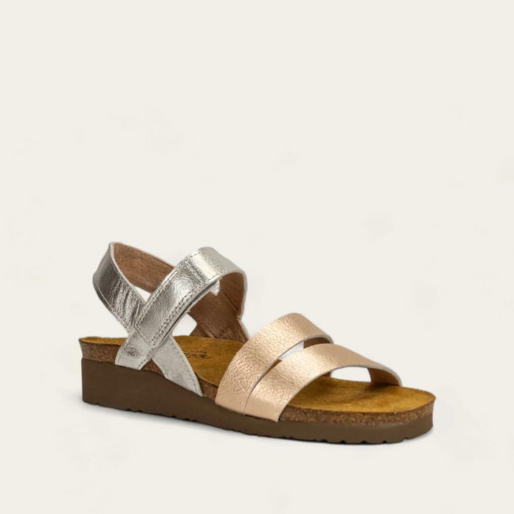NAOT Kayla Women's Sandals – 3-Strap Support with Backstrap, Cork-Latex Footbed, Arch Support – Comfortable for All-Day Walking Sft Silvr Lthr/Rosegold -11-11.5 M US