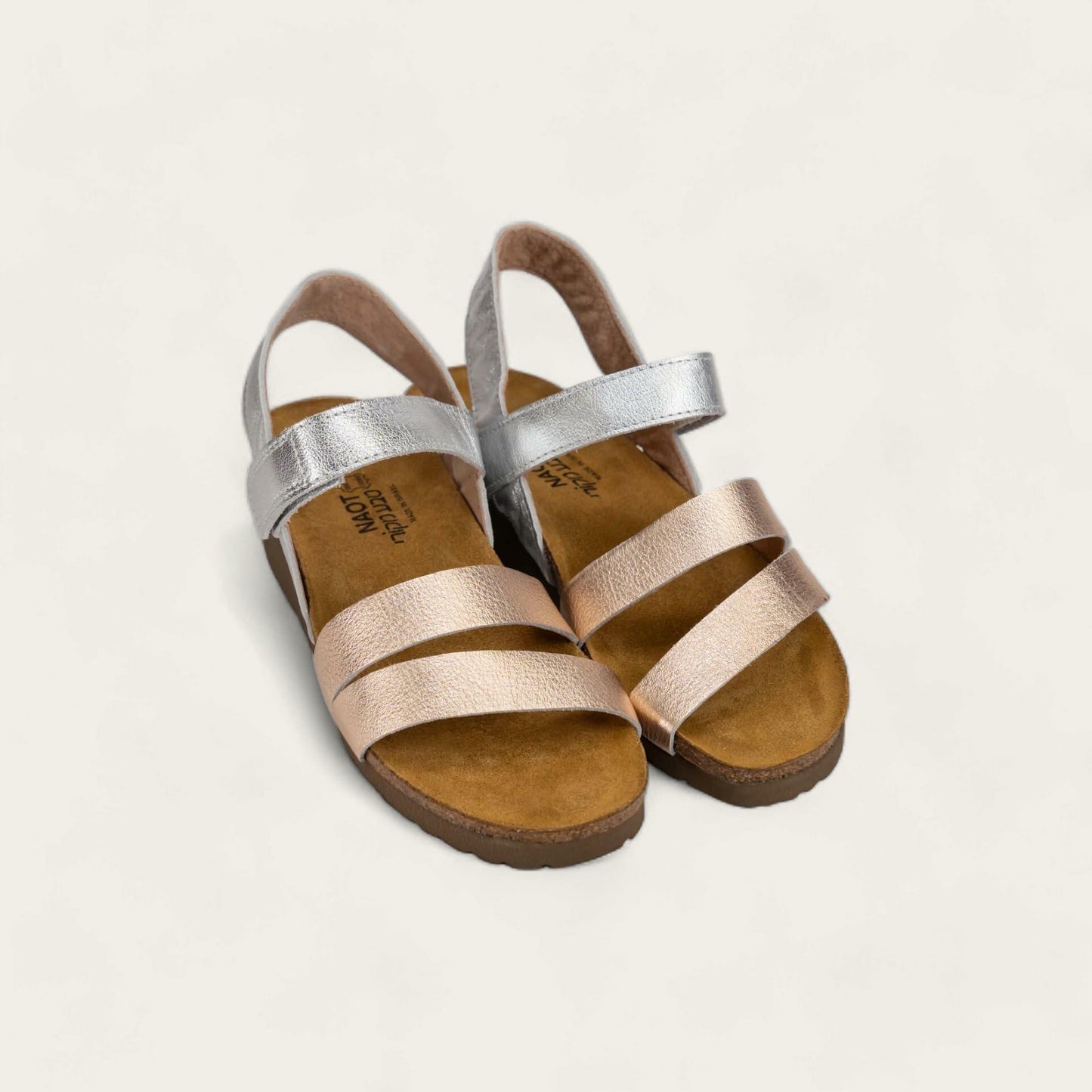NAOT Kayla Women's Sandals – 3-Strap Support with Backstrap, Cork-Latex Footbed, Arch Support – Comfortable for All-Day Walking Sft Silvr Lthr/Rosegold -11-11.5 M US