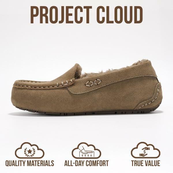 Project Cloud 100% Genuine Leather Slippers for Women - Fur Lined Outdoor Slippers for Women Footwear with Memory Foam - Stylish Womens Moccasin (Cathi, TAUP, 9)