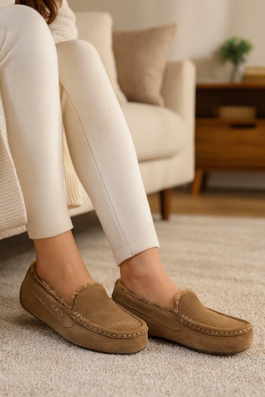 Project Cloud 100% Genuine Leather Slippers for Women - Fur Lined Outdoor Slippers for Women Footwear with Memory Foam - Stylish Womens Moccasin (Cathi, TAUP, 9)