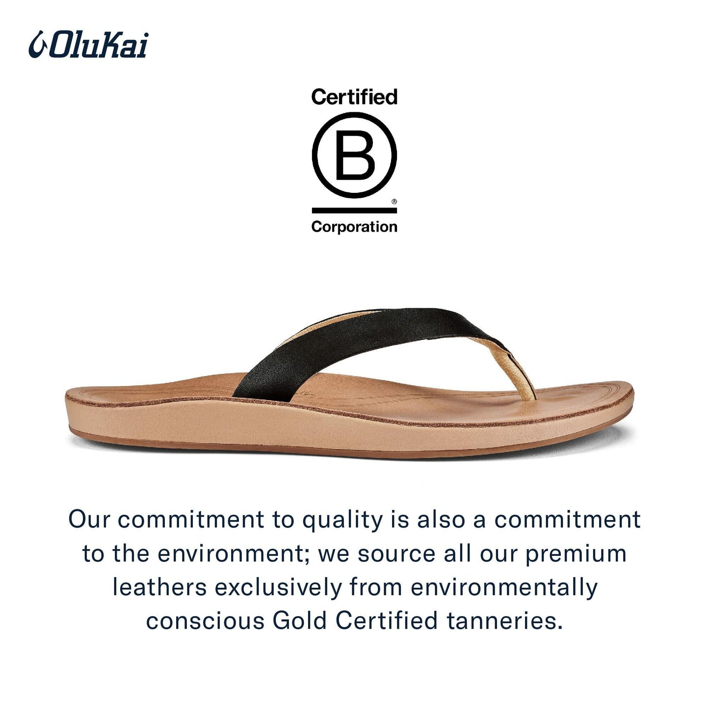 OLUKAI Nonohe Women's Beach Sandal, Premium Full-Grain Leather Flip-Flops, All-Day Support & Breathable Lining, Wet Grip Sole & Easy Slip-On Design, Black/Golden Sand, 7
