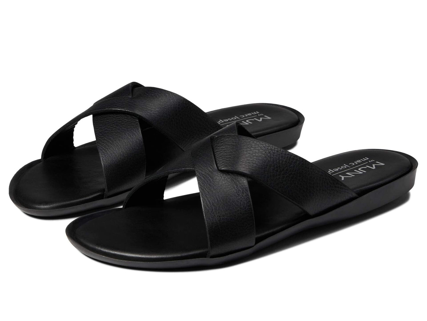 Marc Joseph New York Mens Casual Comfortable Lightweight Fashion Genuine Leather Slip on Criss Cross Slide Indoor and Outdoor Open Sandal Anti Slip Cushion Support Slipper Black Grainy 10