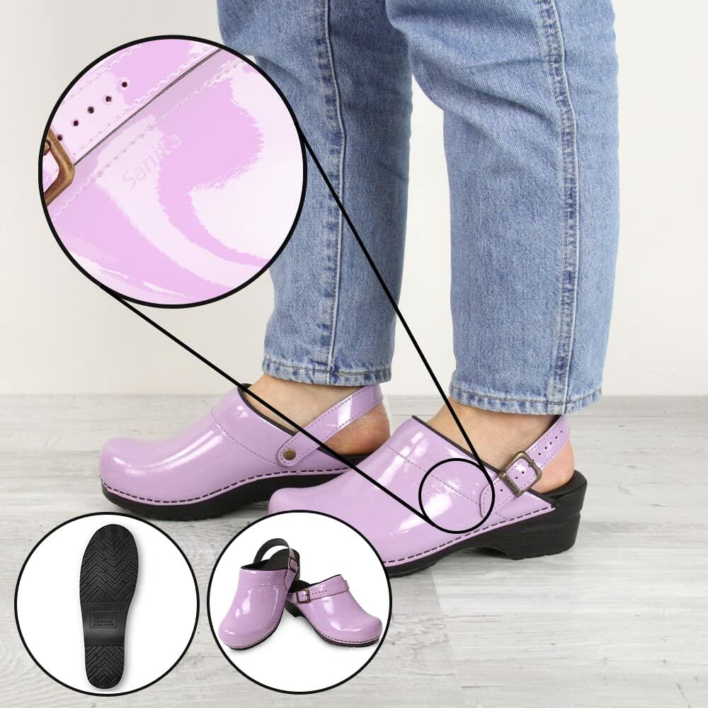Sanita Estelle Patent Leather Clogs for Women - Arch Support, Open-Back, Adjustable, APMA-Approved Slip-On Mules - Lilac, Womens 5.5-6